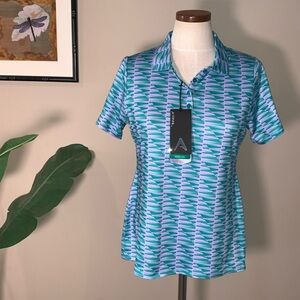 NWT Antigua Desert Dry Golf Polo Top, Green & Lilac Purple Geo Print, Women’s M